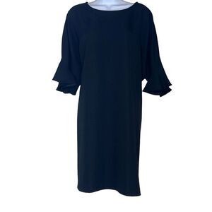 Twinset Milano Size 14 Knee Length Shift Dress Black Bell Sleeves Classic office